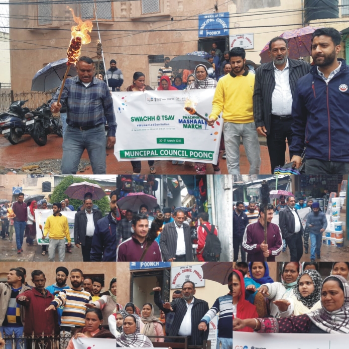 Swachhata Mashaal March Organised by Municipal Council Poonch . Nida e Kashmir/ Majid Choudhary Poonch // Advocate Umera Sheikh Vice President Municipal Council Poonch led Swachhata Mashaal March here today in Poonch.The rally was organised by Municipal Council Poonch which started from the office of Municipal Council Poonch passed through the historical city of Poonch and ends at Brigadier Pritam Singh Zanana Park Prade Ground Poonch.The slogans Swachhata hi sewa hai,Ek kadam Swachhata ki oor were raised.Beaides Zarina Begum Councillor the rally was attended by the prominent citizens, employees of Municipal Council Poonch specially the safai karamcharis.The vice President thanked the employees and the citizens who participated in the rally with great zeal and enthusiasm besides cold weather and rain.The Vice President also appealed the general public to help the Municipal Council Poonch to keep the atmosphere clean.