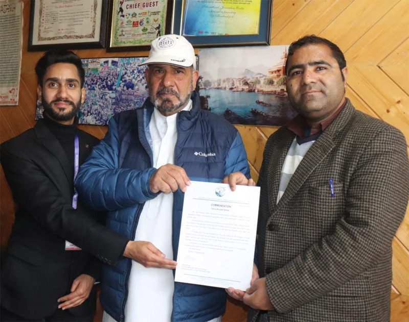 President of ACA & SKLCWS Mr.Tariq Ahmad Shera received commendation letter from Drug Free World India